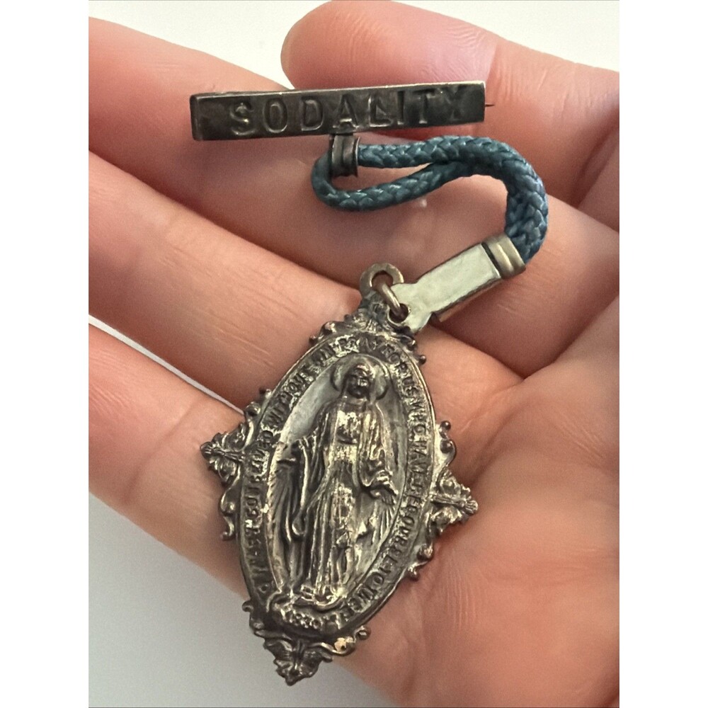 Antique Catholic Sodality Pin Miraculous Medal Blessed Virgin Mary Badge